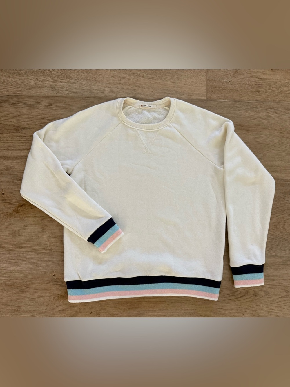 Marine Layer Jenny Retro Varsity Stripe Crewneck Sweatshirt Small Cream